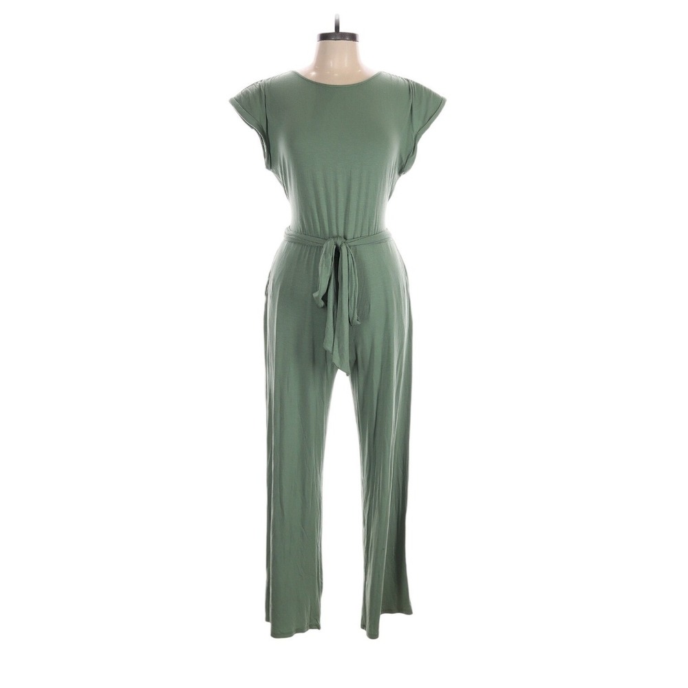 NBD Womens Green Short Sleeve Ruched Tie Waist Straight Leg Jumpsuit Size L